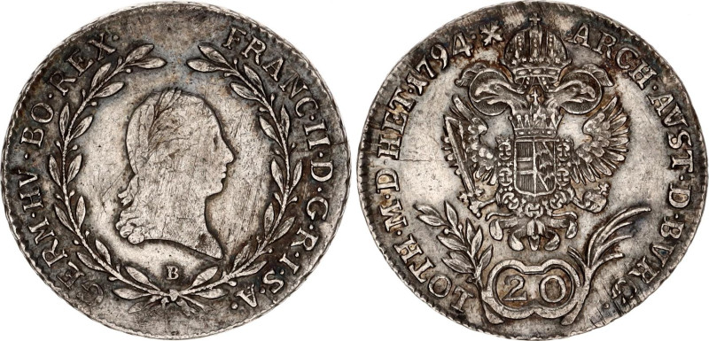 Austria 20 Kreuzer 1794 B
KM# 2139; Adamo# C28; N# 22610; Silver; Franz II; Kre...