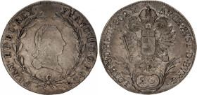 Austria 20 Kreuzer 1802 C
KM# 2139; Adamo# C28; N# 22610; Silver; Franz II; Prague Mint; VF.