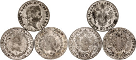 Austria 3 x 20 Kreuzer 1803 - 1839 A
KM# 2139, 2141 & 2208; Silver; Franz I & Ferdinand I; Vienna Mint; VF/VF+.