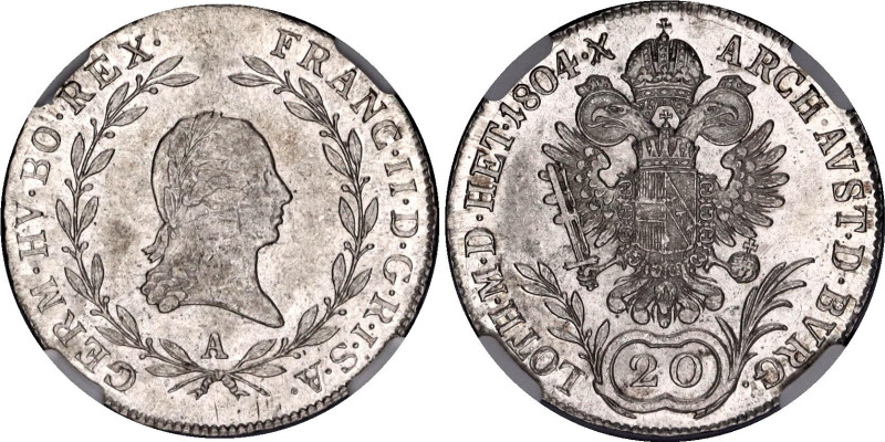 Austria 20 Kreuzer 1804 A NGC AU 58
KM# 2139, N# 22610; Silver; Franz II.