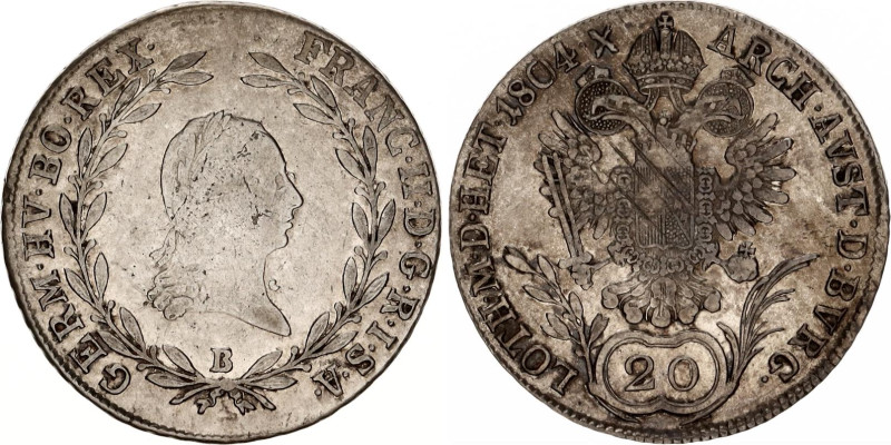 Austria 20 Kreuzer 1804 B
KM# 2139; Adamo# C28; N# 22610; Silver; Franz II; Kre...