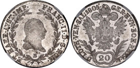 Austria 20 Kreuzer 1805 B NGC AU 58
KM# 2140, N# 7076; Silver; Franz II.