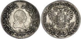 Austria 20 Kreuzer 1806 B
KM# 2140; Schön# 224; Adamo# C29; N# 7076; Silver; Franz II; Kremnitz Mint; VF.