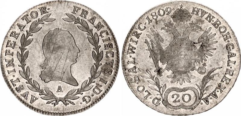 Austria 20 Kreuzer 1809 A
KM# 2141; Adamo# C30; N# 18835; Silver; Franz II; Vie...