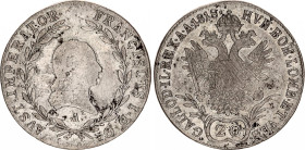 Austria 20 Kreuzer 1818 A
KM# 2143; Adamo# C32; N# 19931; Silver; Franz I; Vienna Mint; VF.