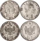 Austria 2 x 1/4 Florin 1862 - 1864 B & A
KM# 2214; Schön# 123; N# 13806; Silver; Franz Joseph I; Kremnitz & Vienna Mint; VF-XF.