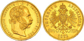 Austria 8 Florin / 20 Francs 1892 Restrike
KM# 2269; N# 17723; Gold (.900) 6.45 g.; Franz Joseph I; UNC.