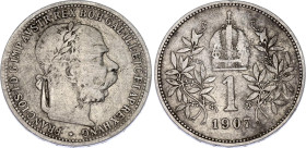 Austria 1 Corona 1907 Rare
KM# 2804; Schön# 7; N# 5744; Silver; Franz Joseph I; VF.