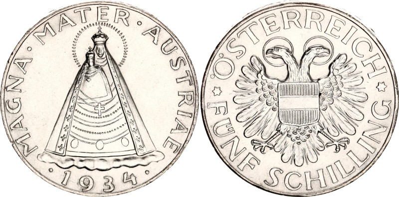 Austria 5 Schilling 1934
KM# 2853, N# 14765; Silver; Standing figure of Madonna...