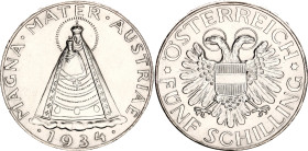 Austria 5 Schilling 1934
KM# 2853, N# 14765; Silver; Standing figure of Madonna of Mariazell; UNC.