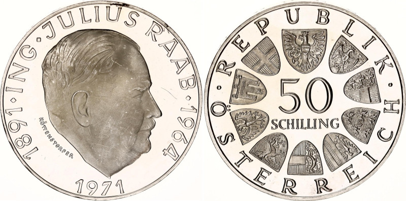 Austria 50 Schilling 1971
KM# 2911, N# 12450; Silver., Proof; Julius Raab.