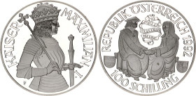 Austria 100 Schilling 1992
KM# 3003; Silver., Proof; Maximilian I; Mintage 75000 pcs.