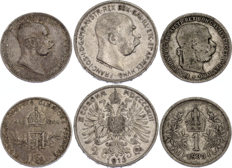 Austria Lot of 3 Coins 1893 - 1913
2 x 1 Corona & 2 Corona 1893 - 1913; Silver;...