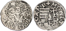 Hungary Denar 1458 - 1490
Huszár 723; Silver 0.46 g.; Matthias I Corvinus; Obv: Coat of arms. Rev: Madonna with christ; K-P flanking; VF.