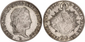 Hungary 20 Krajczar 1840 B
KM# 422; ÉH# 1419; H# 2081; N# 18828; Silver; Ferdinand V; Kremnitz Mint; XF+.