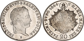Hungary 20 Krajczar 1844 B
KM# 422; ÉH# 1419; H# 2081; N# 18828; Silver; Prooflike Surface; Ferdinand V; Kremnitz Mint; UNC with minor hairlines.