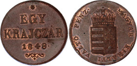Hungary 1 Krajczar 1848
KM# 430.1; ÉH# 1432; H# 2096; Copper; War of Independence; UNC.