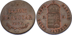 Hungary 3 Krajczar 1849
KM# 434, N# 23190; Copper; War of Independence Coinage; AUNC.