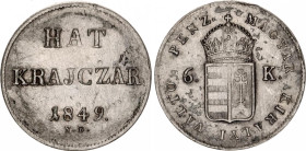 Hungary 6 Krajczar 1849 NB
KM# 435; ÉH# 1430; H# 2094; N# 34258; Silver; War of Independence; Baia Mare Mint; XF.