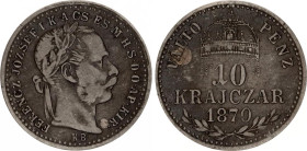 Hungary 10 Krajczar 1870 KB
KM# 451.1; ÉH# 1477a; H# 2163; N# 24000; Silver; Franz Joseph I; Kremnitz Mint; VF-XF.