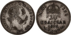 Hungary 10 Krajczar 1874 KB
KM# 451.1; ÉH# 1477a; H# 2163; N# 24000; Silver; Franz Joseph I; Kremnitz Mint; XF-.