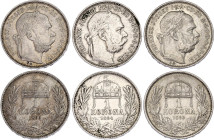 Hungary 3 x 1 Korona 1893 - 1895 KB
KM# 484; Schön# 5.1; ÉH# 1495; H# 2203; Adamo# K5; N# 7093; Silver; Franz Joseph I; Kremnitz Mint; VF-XF.