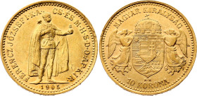 Hungary 10 Korona 1905
KM# 485; Gold (.900) 3.38g 19mm; Franz Joseph I; XF+.