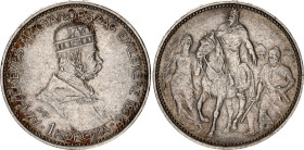 Hungary 1 Korona 1896 KB
KM# 487 , N# 15758; Silver; Franz Josef I; Magyar Millennium; Armoured equestrianflanked by walking men; XF.