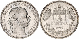 Hungary 5 Korona 1907 KB
KM# 488 , N# 12866; Silver; Franz Josef I; XF.