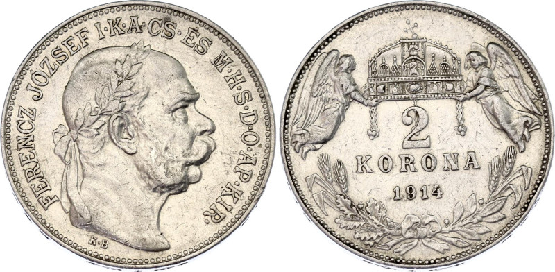 Hungary 2 Korona 1914 KB Rare
KM# 493; ÉH# 1494; H# 2202; Adamo# K6; N# 10991; ...