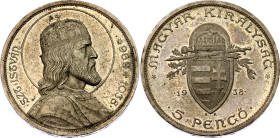 Hungary 5 Pengo 1938 BP
KM# 516, N# 6490; Silver; 900th Anniversary - Death of St. Stephan; UNC, nice toning.