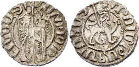 Armenia Hetoum I Tram 1226 - 1270
Cf. AC 336; Silver 3.01 g.; Obv: Hetoum and Queen Zabel standing facing, holding long cross. Rev: Crowned lion walk...