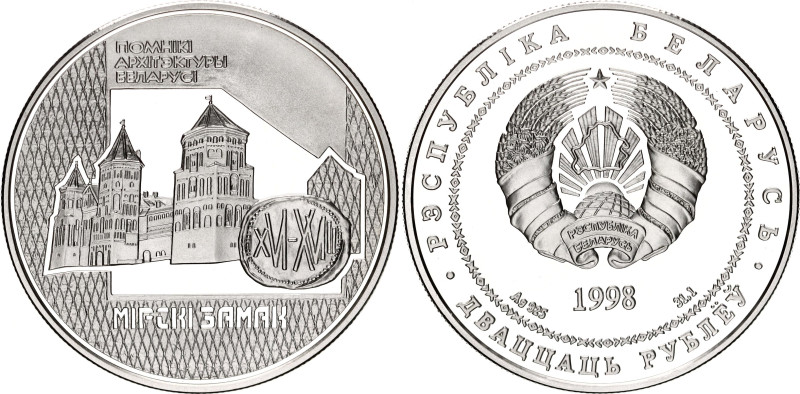 Belarus 20 Roubles 1998
KM# 27, N# 92953; Silver., Proof; Castle of Mir; Mintag...