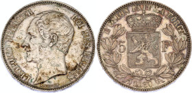 Belgium 5 Francs 1850
KM# 17, N# 261; Silver; Leopold I; XF-.