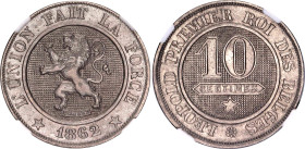 Belgium 10 Centimes 1862 NGC MS 64
KM# 22, N# 274; Copper-nickel; Leopold I.
