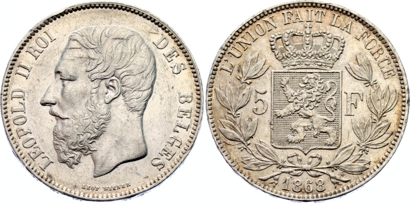 Belgium 5 Francs 1868
KM# 24; N# 276; Silver; Leopold I; Brussels Mint; AUNC.