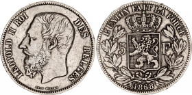 Belgium 5 Francs 1868
KM# 24, N# 276; Silver; Leopold II; VF+.