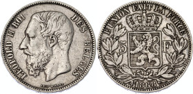 Belgium 5 Francs 1868
KM# 24, N# 276; Silver; Leopold II; VF.