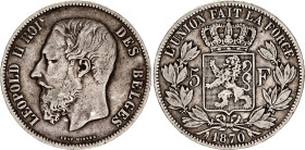 Belgium 5 Francs 1870
KM# 24, N# 276; Silver; Leopold II; VF.