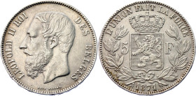 Belgium 5 Francs 1871
KM# 24; N# 276; Silver; Leopold I; Brussels Mint; AUNC.