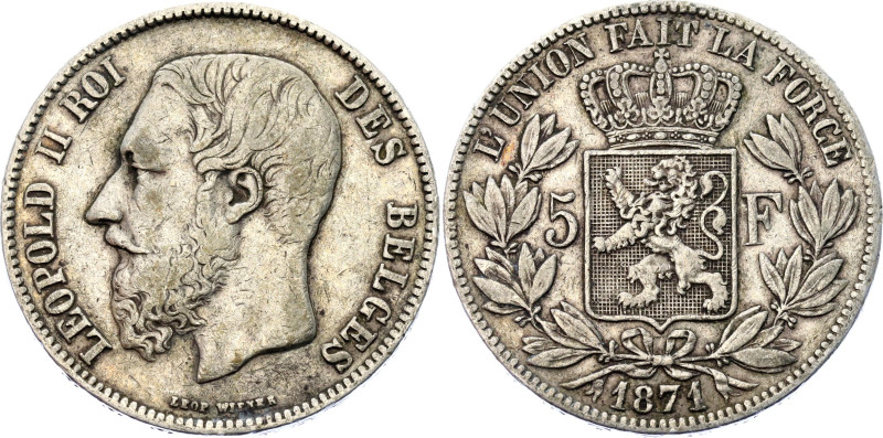 Belgium 5 Francs 1871
KM# 24; N# 276; Silver; Leopold I; Brussels Mint; XF.