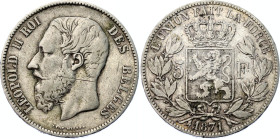 Belgium 5 Francs 1871
KM# 24; N# 276; Silver; Leopold I; Brussels Mint; VF.