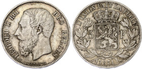Belgium 5 Francs 1871
KM# 24, N# 276; Silver; Leopold II; VF+.