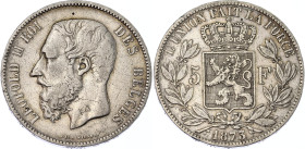 Belgium 5 Francs 1873
KM# 24, N# 276; Silver; Leopold II; VF, with Hairlines.