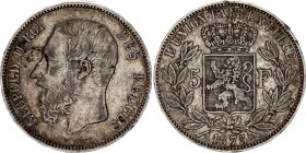 Belgium 5 Francs 1875
KM# 24, N# 276; Silver; Leopold II; XF.