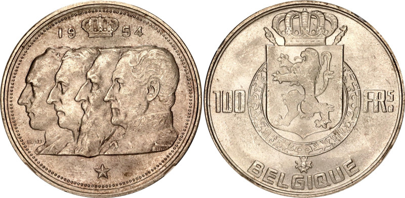 Belgium 100 Francs 1954 NGC MS64
KM# 138, N# 1876; Silver; Leopold III; French ...