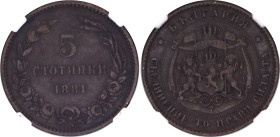 Bulgaria 5 Stotinki 1881 NGC XF
KM# 2, N# 8869; Bronze; Aleksandr I; Heaton Mint.; NGC XF Det. env. damage.