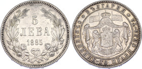 Bulgaria 5 Leva 1885
KM# 7; Silver; Aleksandr I; XF.
