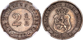 Bulgaria 2-1/2 Stotinki 1888 NGC AU
KM# 8, N# 22489; Copper-nickel; Ferdinand I.