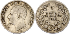 Bulgaria 2 Leva 1891 КБ
KM# 14; N# 18355; Silver; Ferdinand I; Kremnitz Mint; VF+.